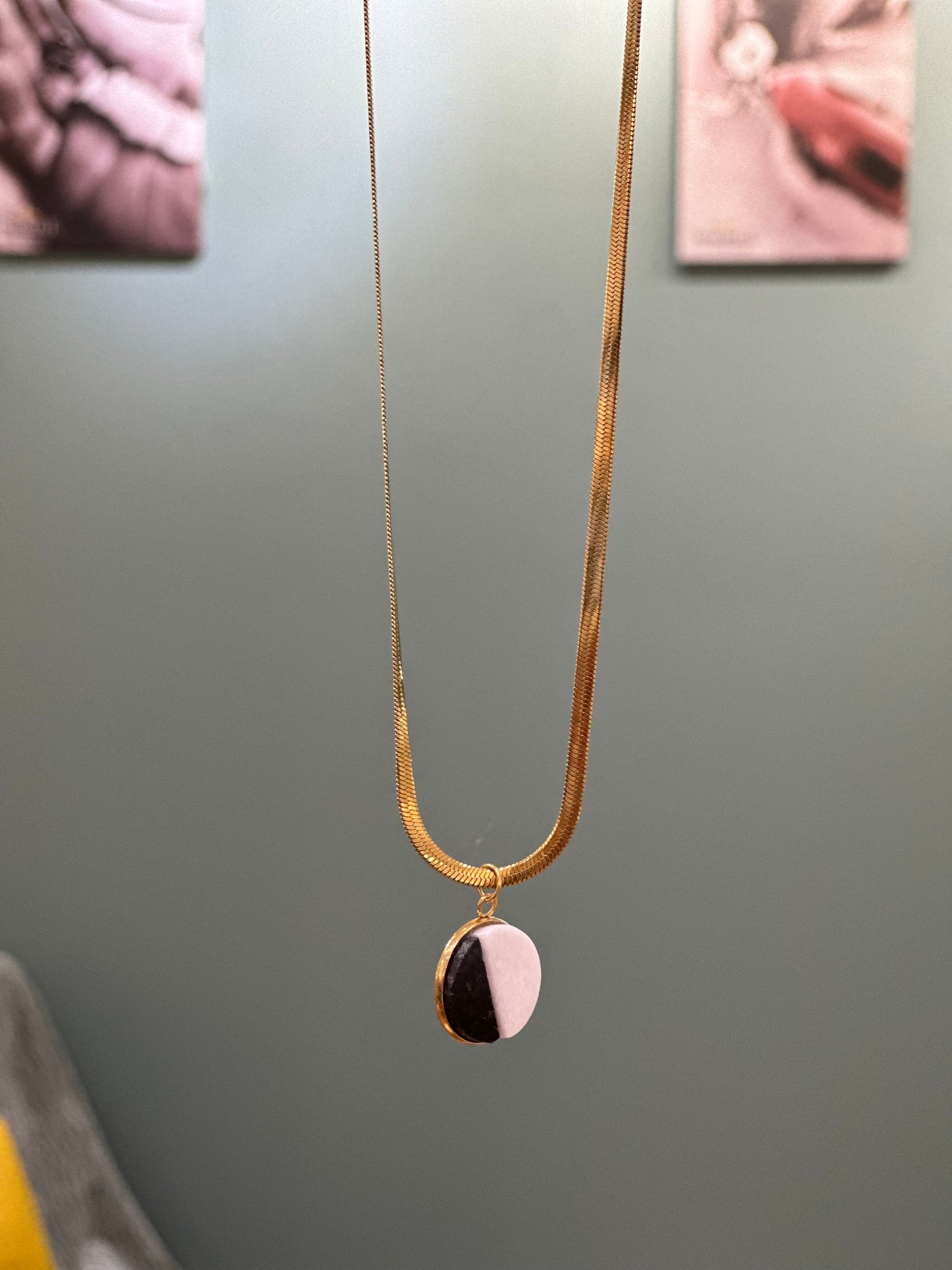 “Yin Yang” pendant with white marble and black granite on a snake chain