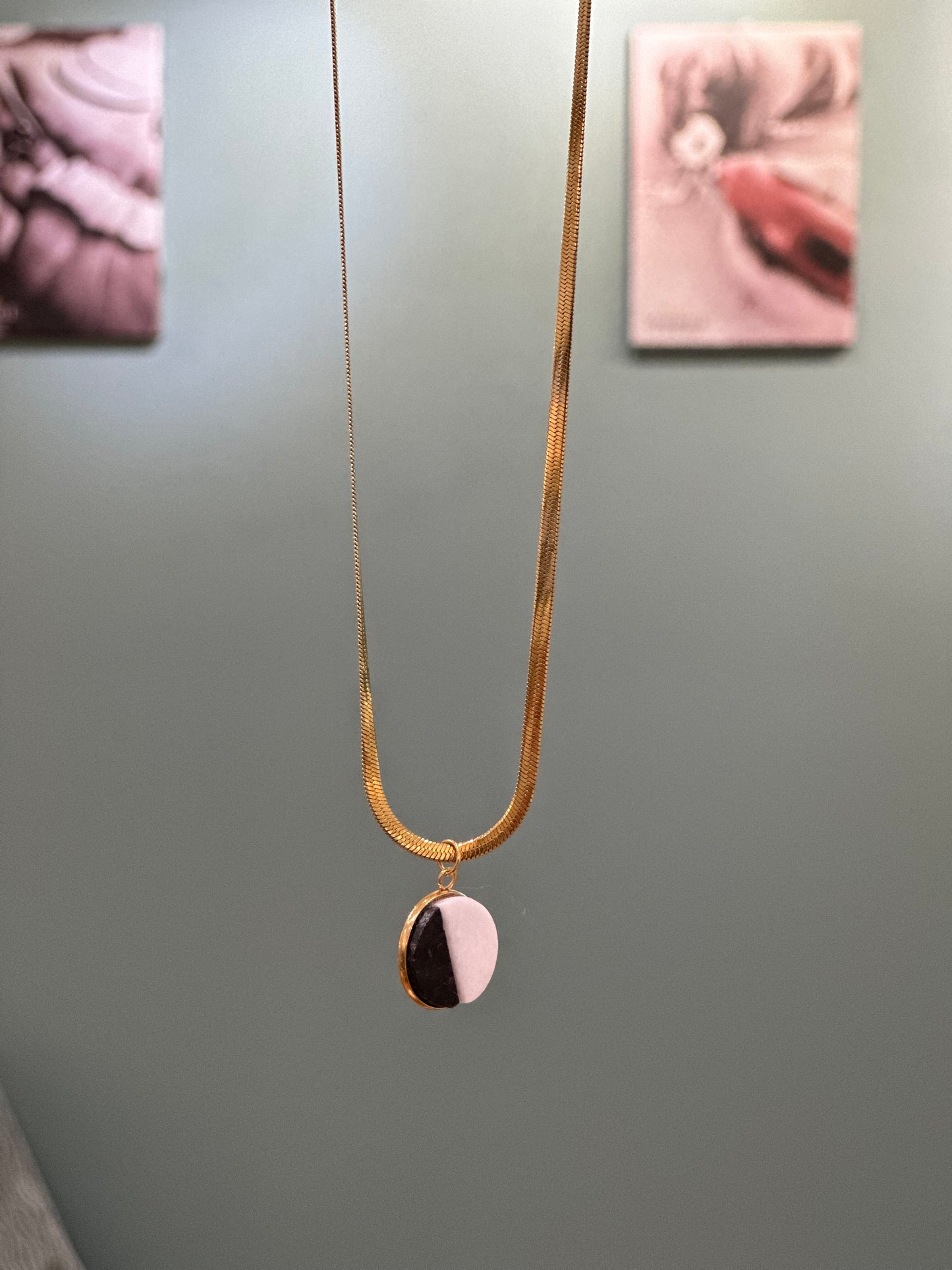 “Yin Yang” pendant with white marble and black granite on a snake chain