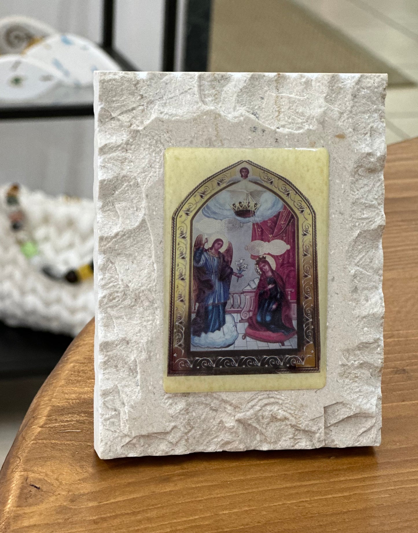 The Virgin Mary of Tinos in enamel on beige raw marble