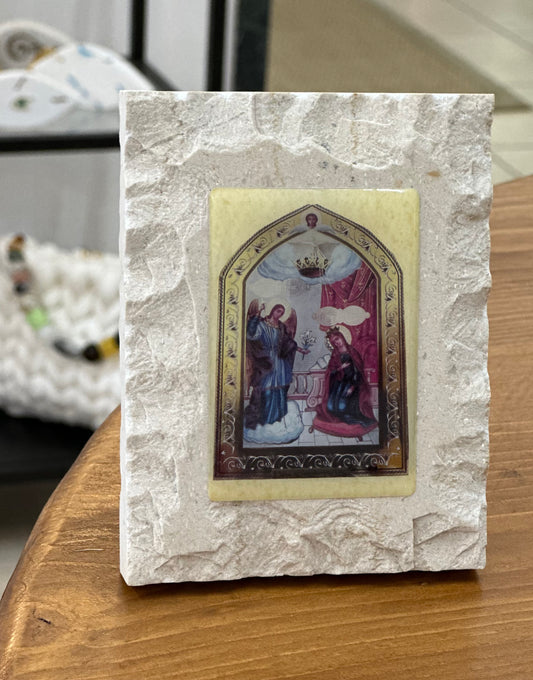 The Virgin Mary of Tinos in enamel on beige raw marble