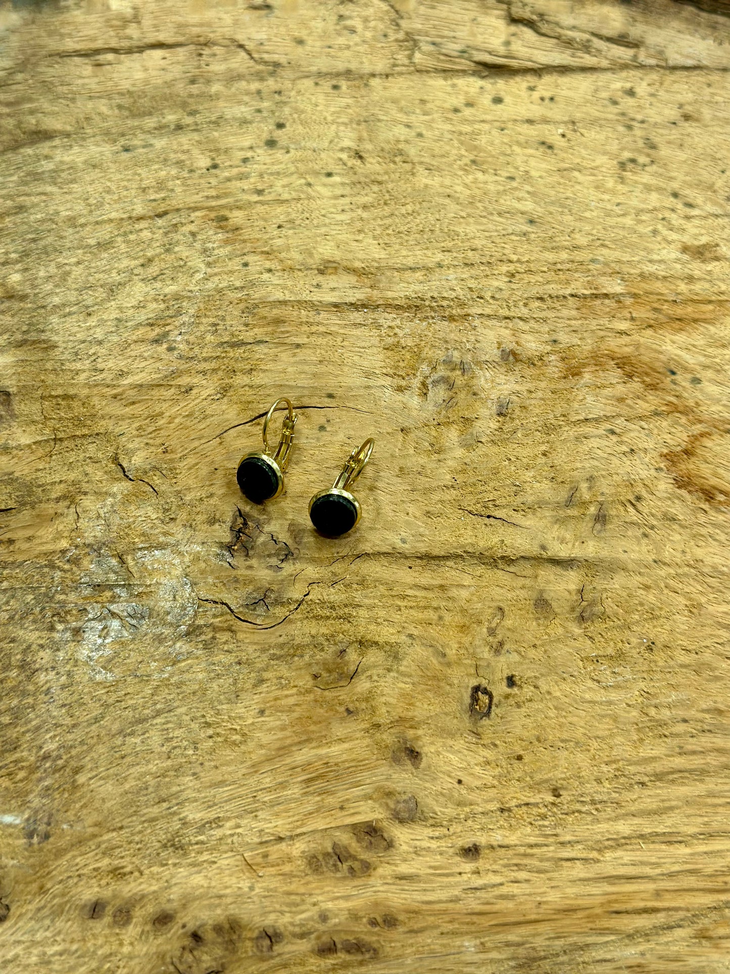 Black granite earrings in a small round gold setting