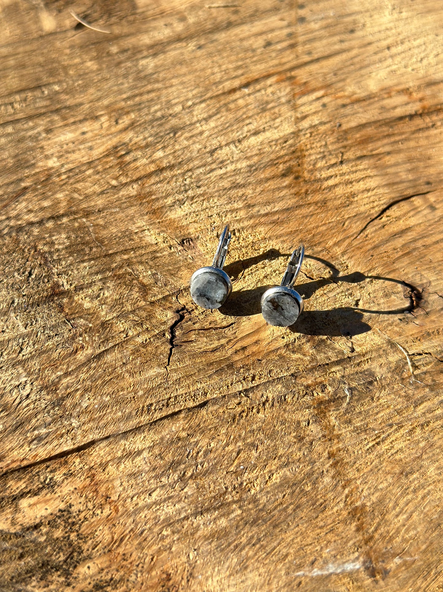 Round earrings in a gray granite setting