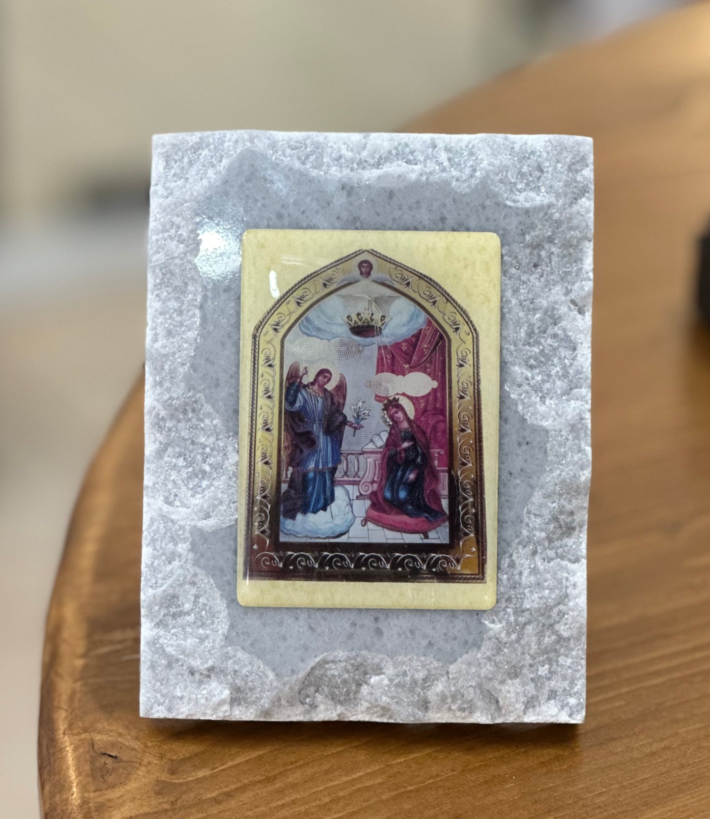 The Virgin Mary of Tinos in enamel on raw marble