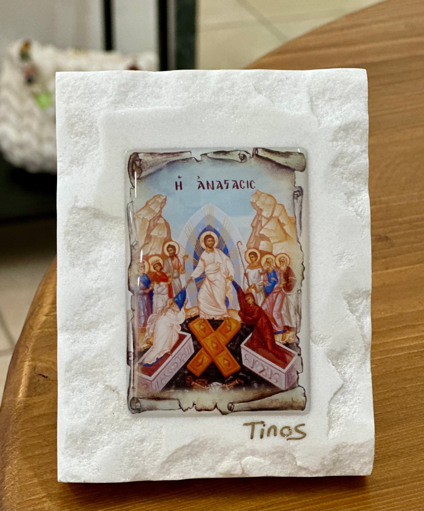 "The Resurrection" in enamel on white raw marble