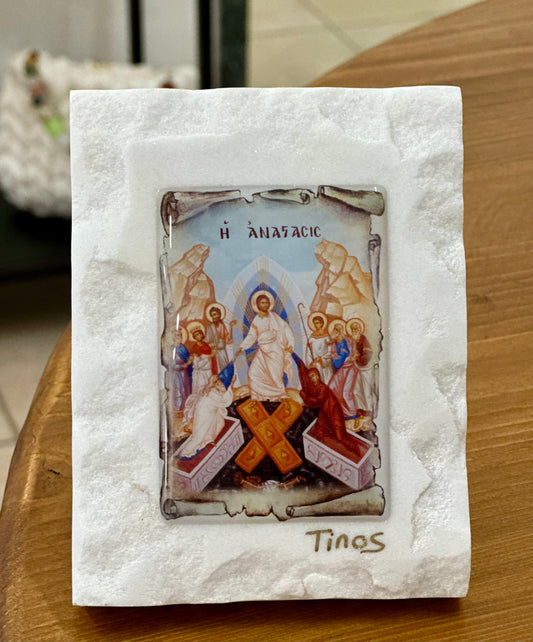 «Η ανάσταση» από σμάλτο πάνω σε λευκό ακατέργαστο μάρμαρο