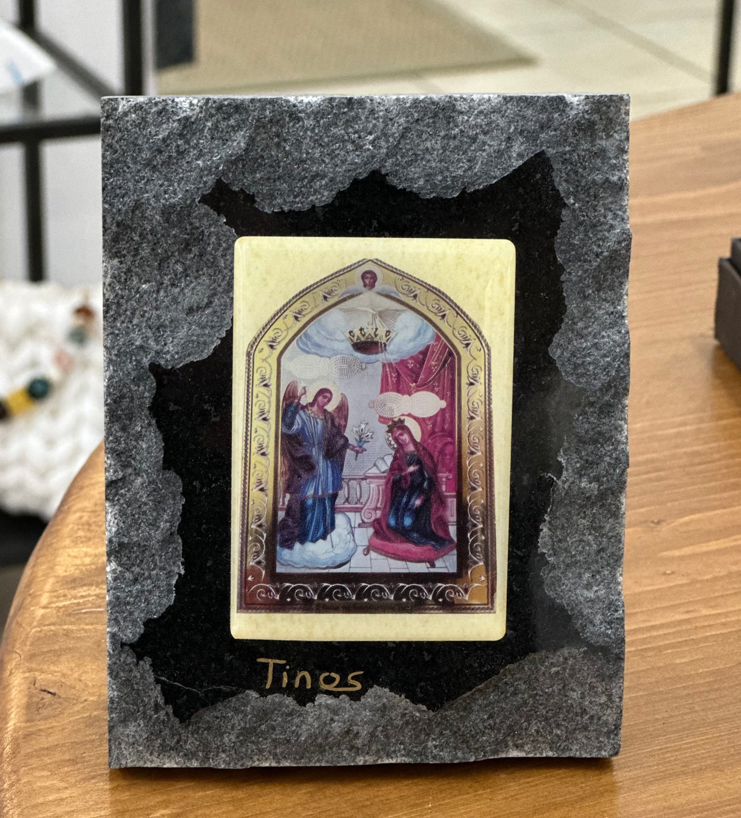 The Virgin Mary of Tinos in enamel on black granite