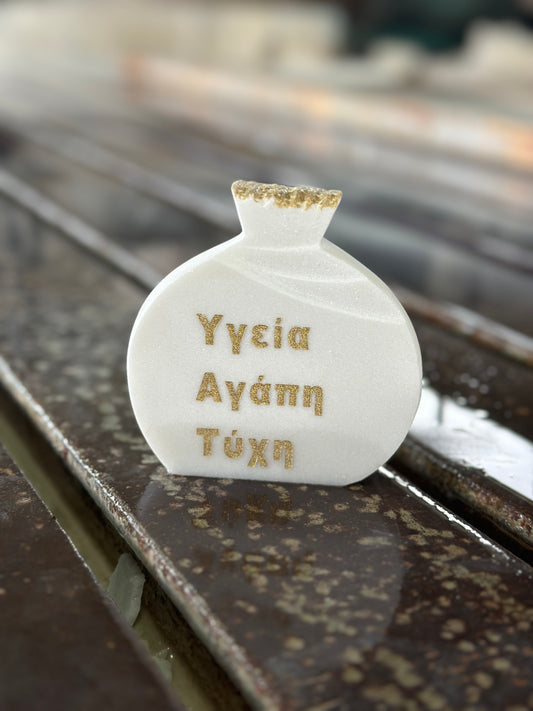 White marble pomegranate charm with engraving Health Love Luck